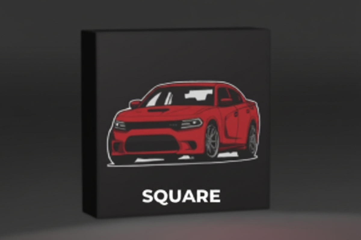 led lightbox featuring a stylized red sports car illustration, shown against a dark gray background.