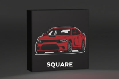 led lightbox featuring a stylized red sports car illustration, shown against a dark gray background.