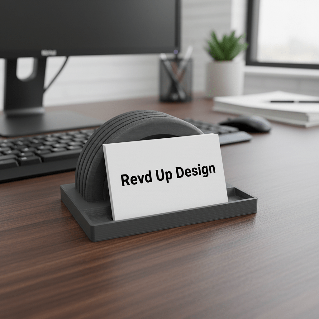 3D printed half tire business card holder with business cards on white background