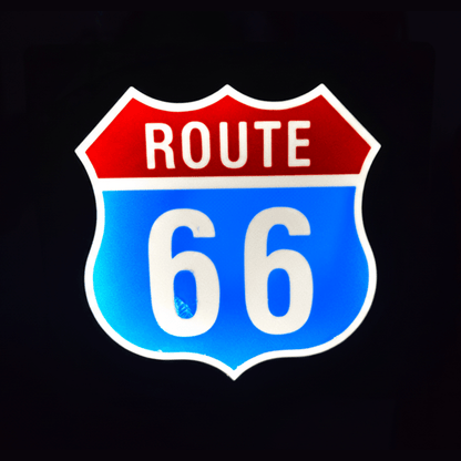 Route 66 LED lightbox sign glowing red and blue on black background