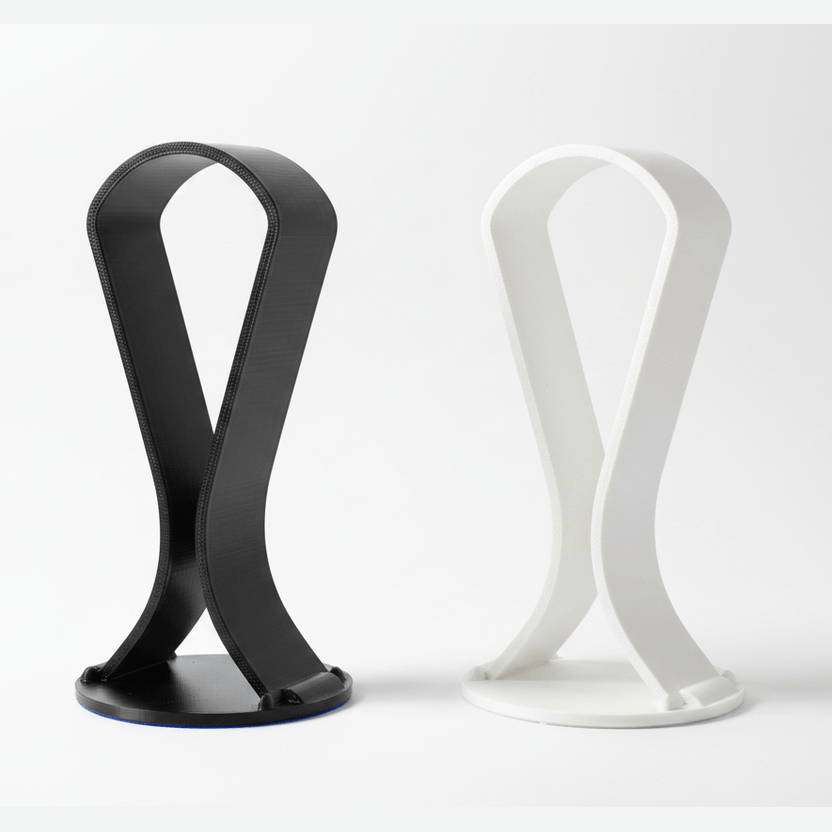 3D printed retro hairpin headphone holder stand on white studio background