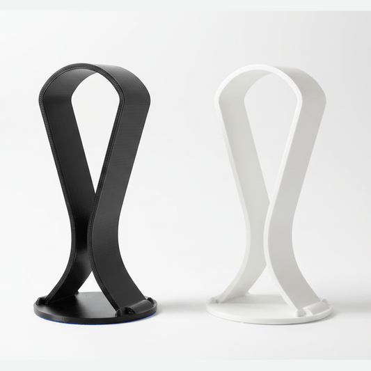 3D printed retro hairpin headphone holder stand on white studio background